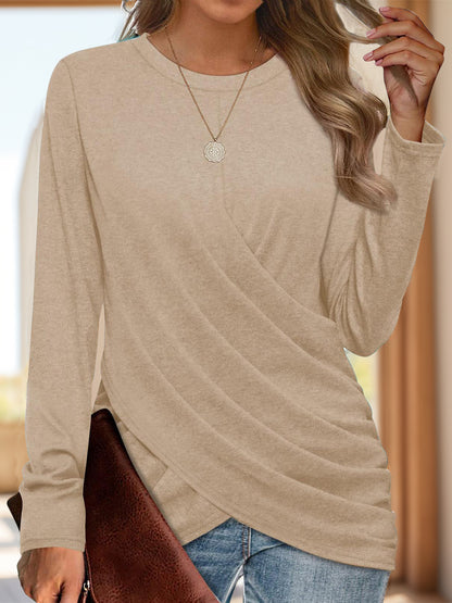 Ruched Round Neck Long Sleeve T-Shirt