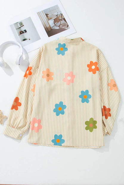 Striped Flower Button Up Long Sleeve Shirt