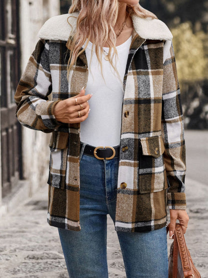 Perfee Pocketed Plaid Button Up Collared Neck Jacket