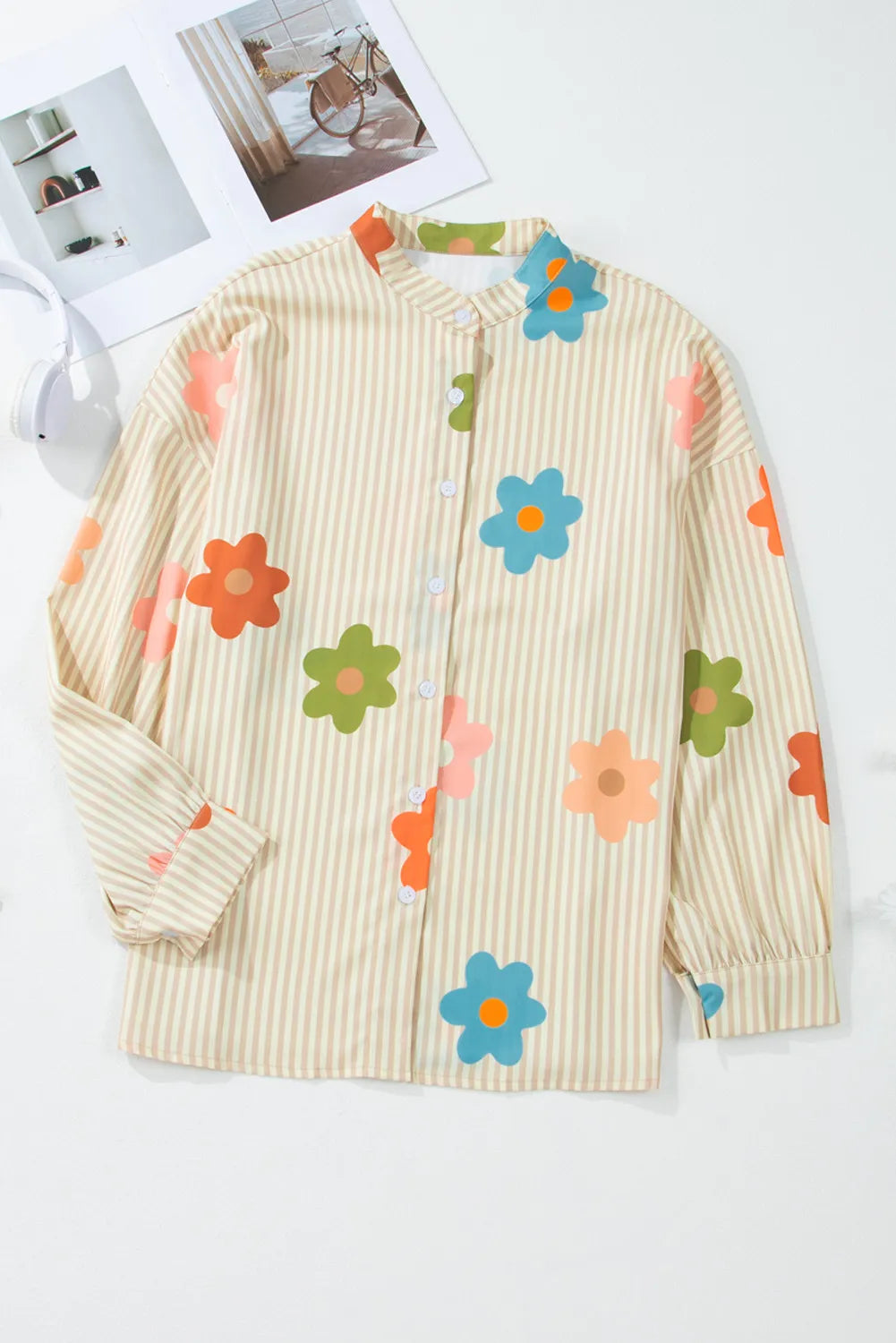 Striped Flower Button Up Long Sleeve Shirt