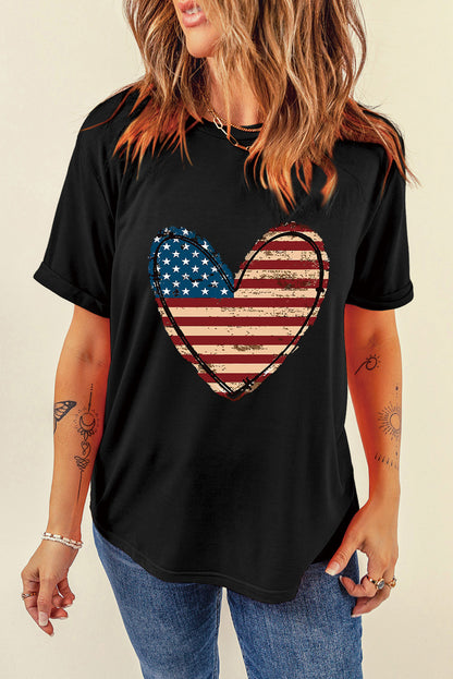 Stars and Stripes Heart Round Neck Short Sleeve T-Shirt